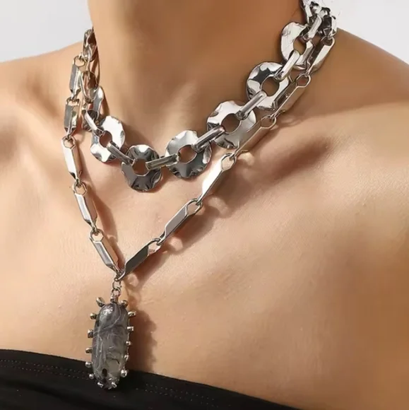 New ZARA Cowboy up piece necklace set silver Chain Link stone necklaces